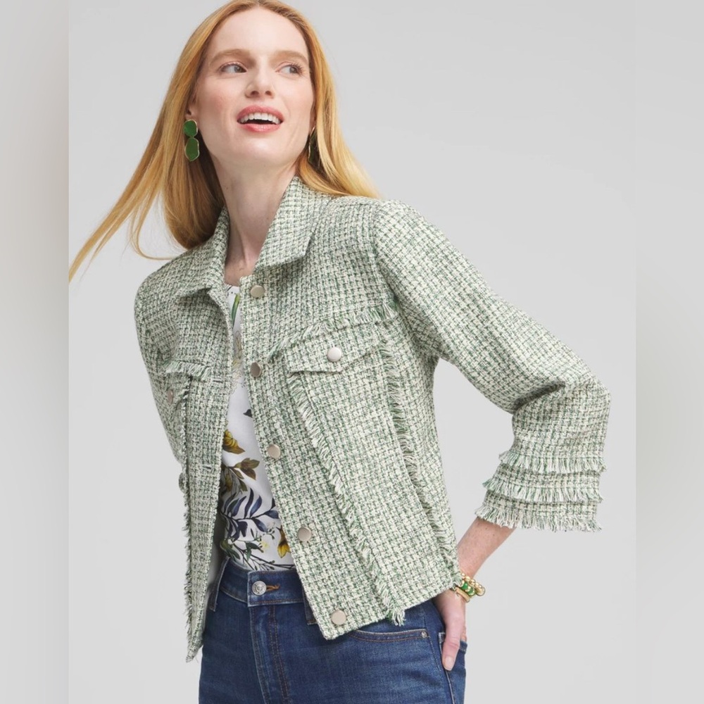 Chico's Mint Tweed Blazer with Fringe